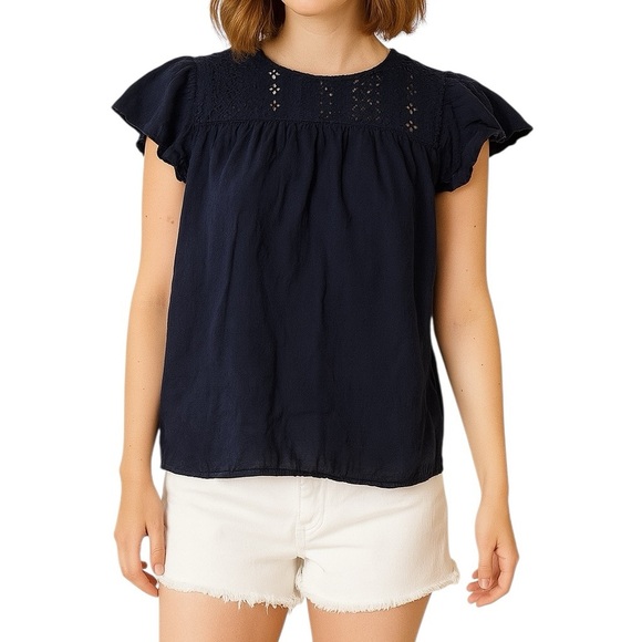 Ella Miss Small Navy Blue Cap Sleeve Crochet Shirt Blouse Boho Contemporary Chic - Picture 1 of 5